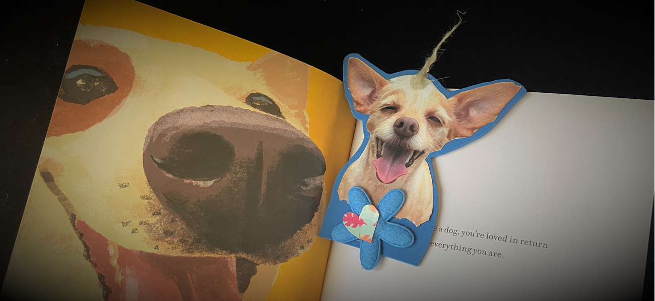Open book with DIY dog bookmark