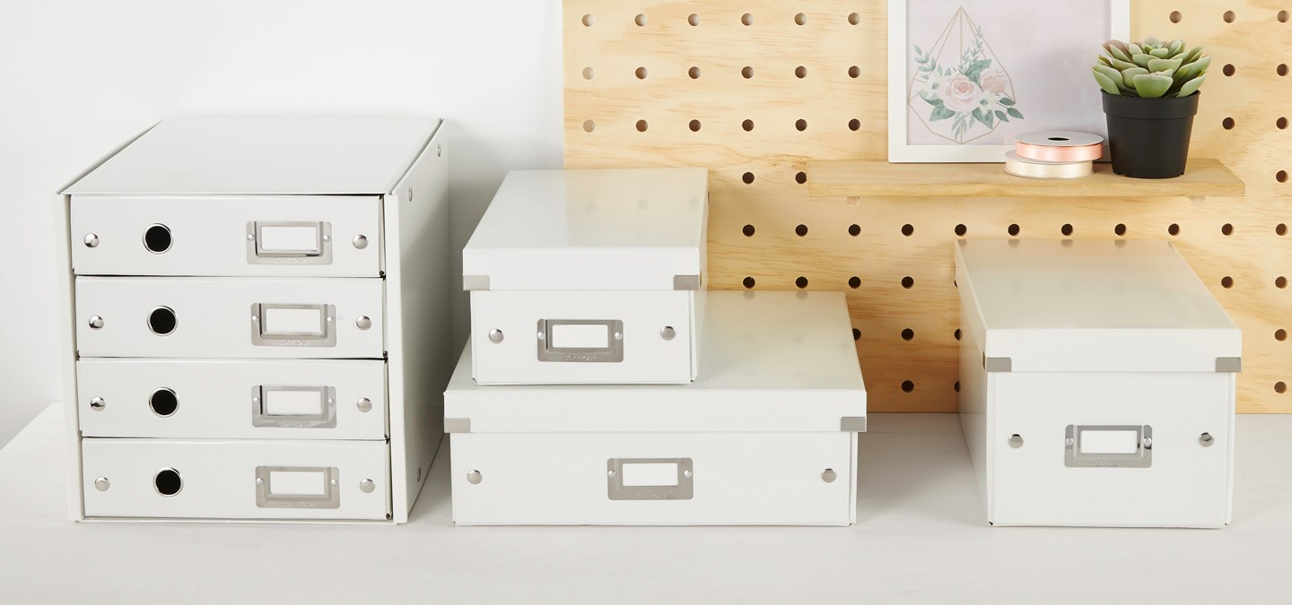 Click N Store boxes in different sizes on desk